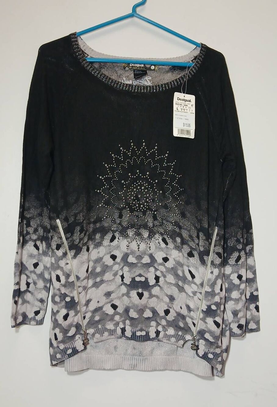 Desigual womens large boat neck sweater black gray ombre art to wear zip front